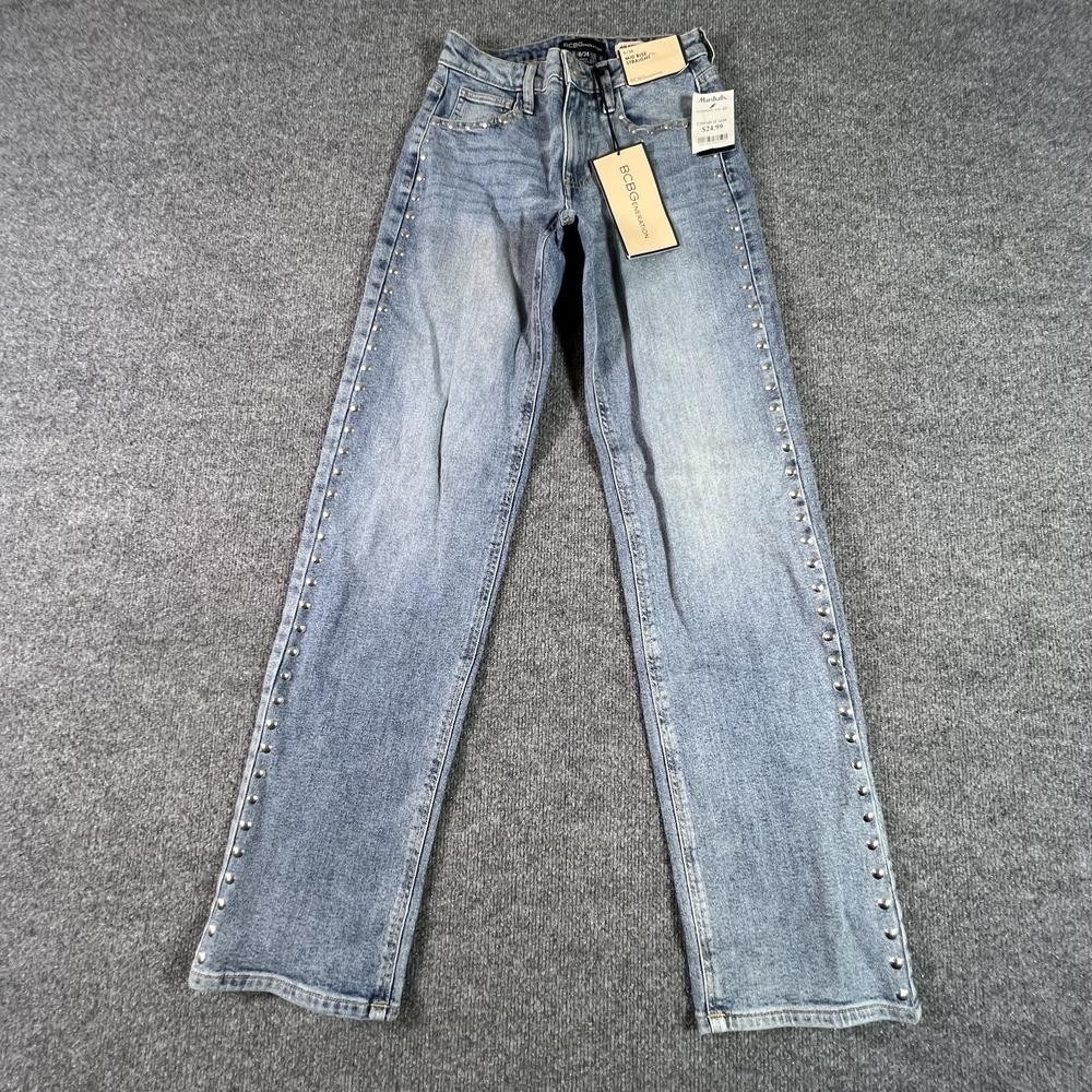 BCBGeneration Straight Jeans Women's 0 Blue Cotton Denim Studded Faded Workwear